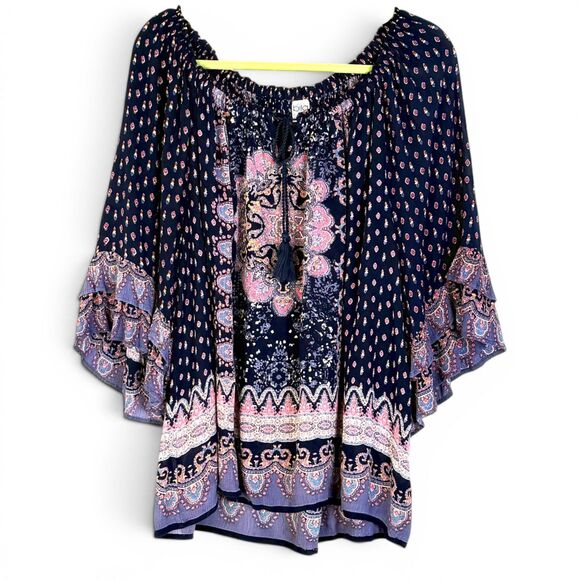 Bila Tops - boho peasant paisley tassel tie neck ruffle bell sleeve hippie blouse xl by bila